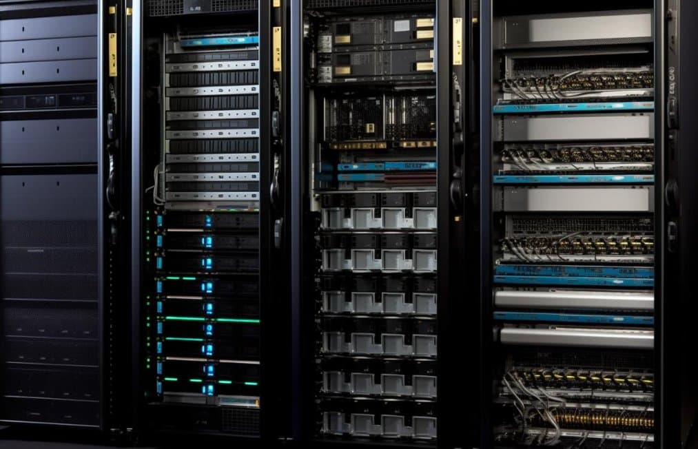 Rack-mounted enterprise servers with status indicator lights in a data center