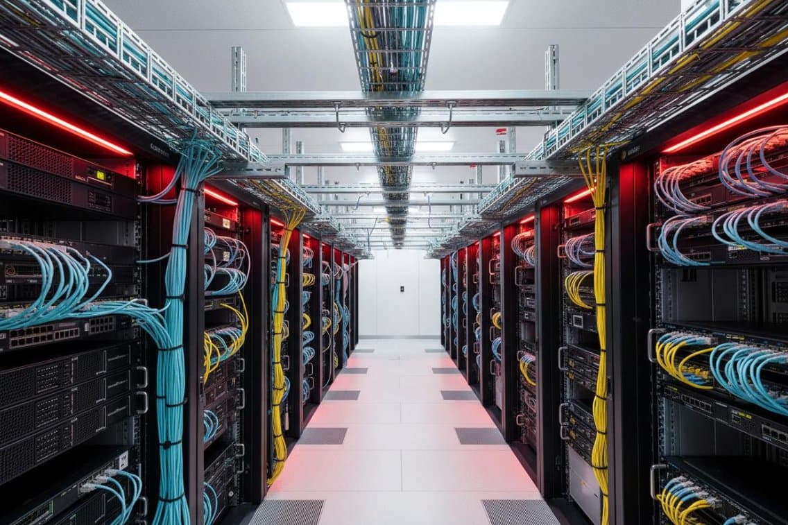 Data center aisle with structured cabling running overhead between server racks