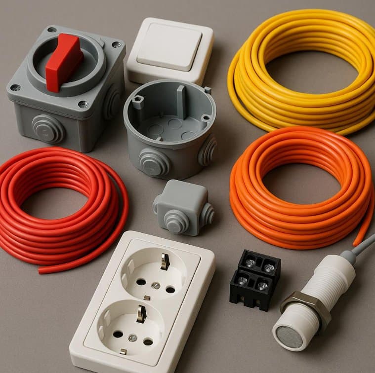 Electrical junction boxes, switches, sockets, and coiled cable reels