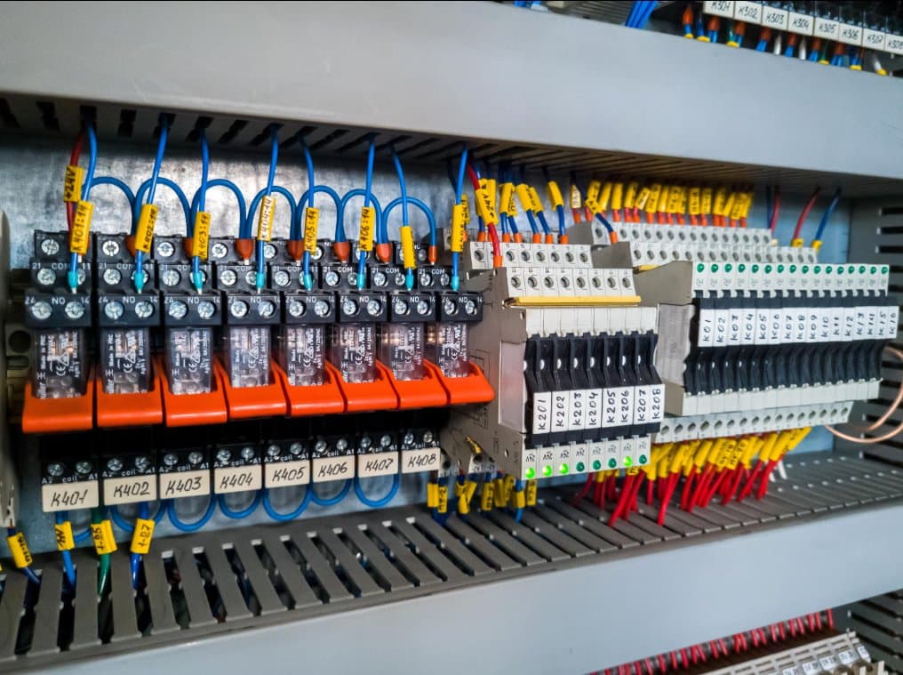 Industrial control panel with relay modules and terminal blocks