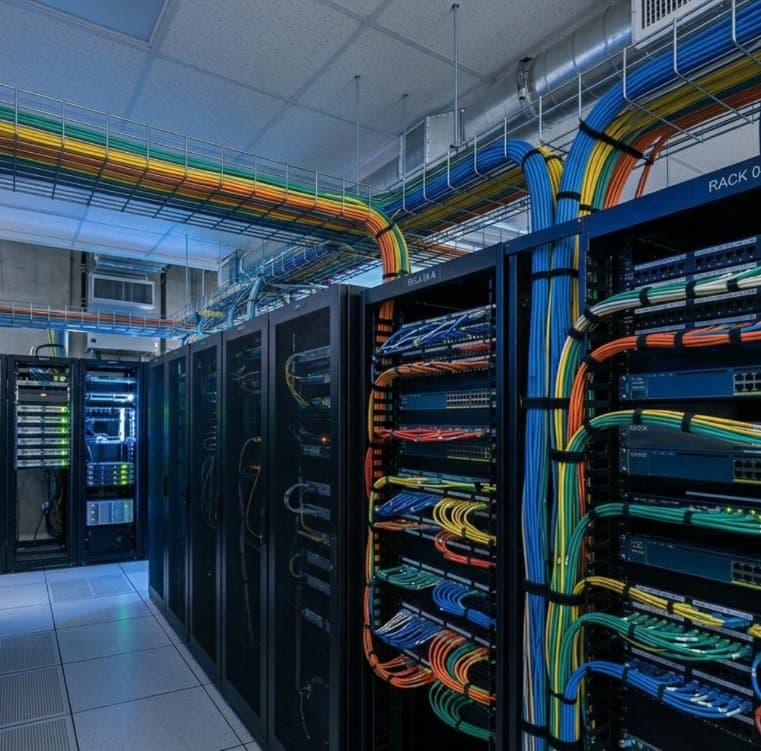 Server racks with color-coded network cabling and switches