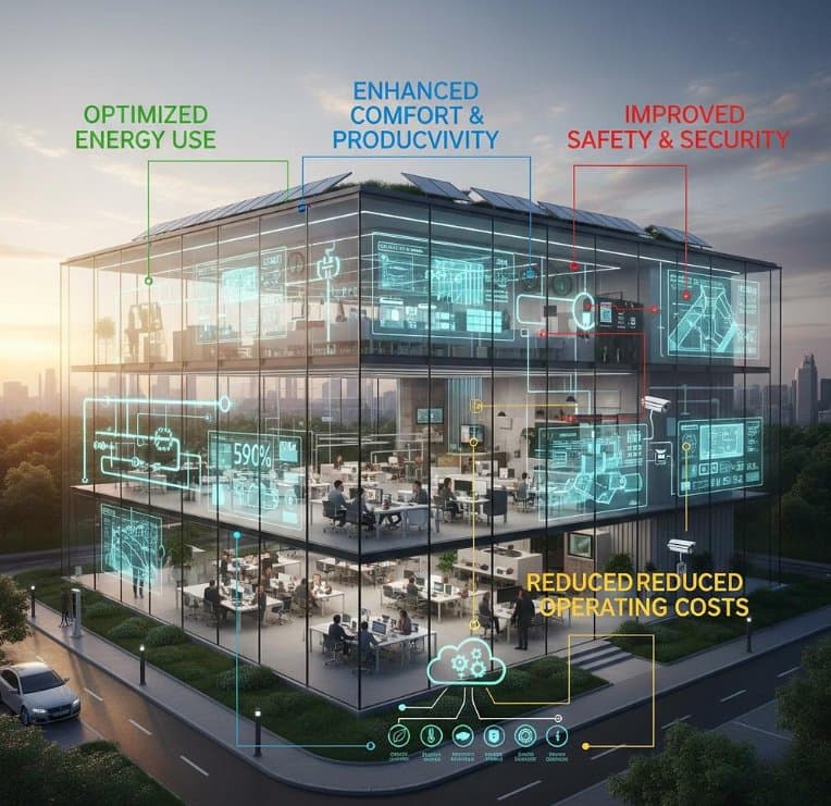 Illustration of a smart building with automation and monitoring overlays